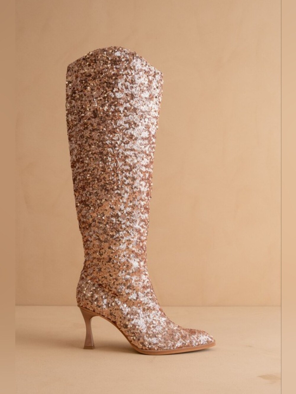 The Jewel Rose Gold Sequin Knee High Boots | Sizes 6-10 | NIB - Picture 1 of 3